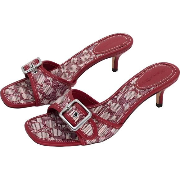 Coach Margot Kitten Heel Slide Sandals Ruby Signature Buckle US 9.5M EU 40 - Picture 2 of 6